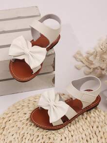 1 Pair Plus Size Fashion Versatile Girl Sandals With Pearl And Rhinestone Bowknot Decor, Cute Flat Shoes, Round Toe, Suitable For Daily Wear, Dance, Outdoor, Sequin Decor Closed Toe Princess Shoes, Spring And Autumn - White - View 2