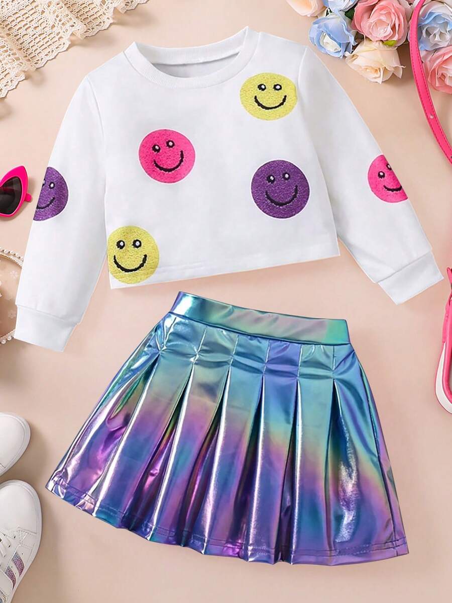 1 套青少年女孩卡通印花圆领长袖上衣和褶皱金属箔裙 - 白色 - 查看 1