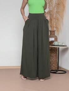 Wide-Leg Loose-Fitting Palazzo Pants In Viscose Fabric, Wide Waistband, High Waist, Pleats - Hunter Green - View 3