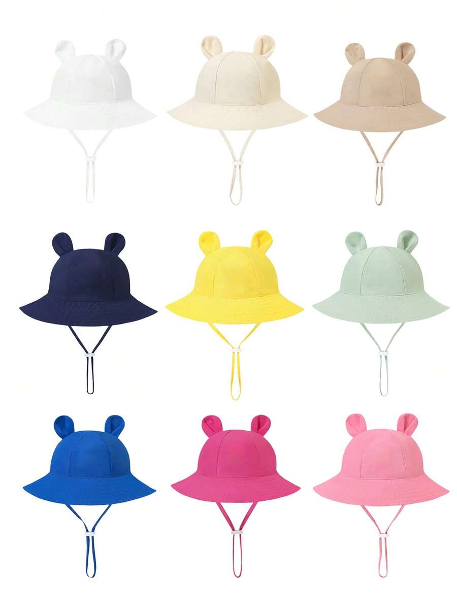 1 pieza Sombrero de pescador transpirable de unicolor con protección solar para bebés de 3-12 meses, Gorro de punto con orejas de conejo para niños pequeños, Gorra versátil con orejas de oso de unicolor, adecuada para uso casual y protección solar al aire libre - 1PC - Ver 1