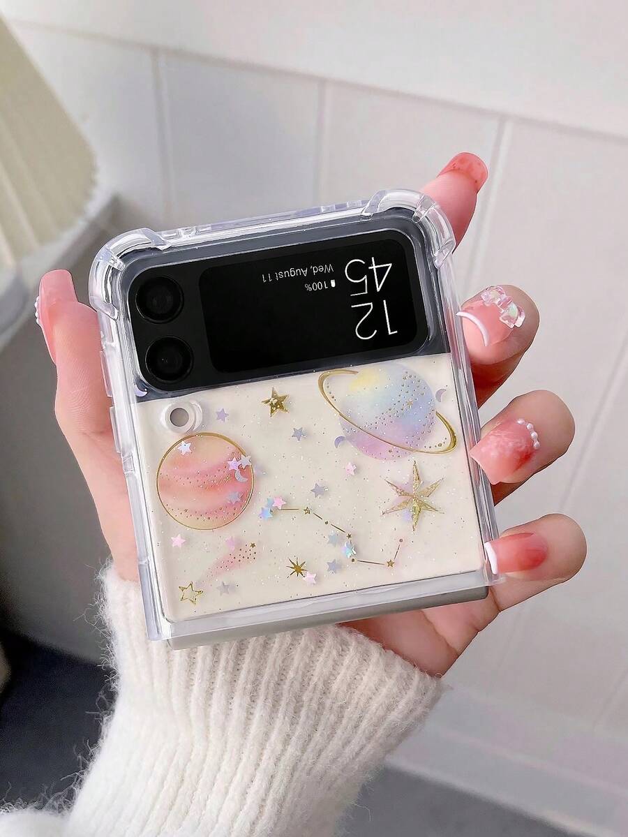 1pc Glitter Star Shockproof TPU+Acrylic Transparent Folding Screen Protection Case For Galaxy ZFlip3/ZFlip4/ZFlip5/ZFlip6/ZFlip7 Waterproof Anti-Fall Scratch Resistant - Multicolor - View 1