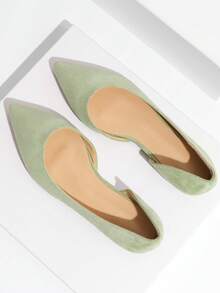Bailarinas de punta fina de color verde claro, de estilo europeo, ligeras, antideslizantes, transpirables y elegantes con diseño calado, zapatos para mujeres para todo tipo de temporadas - Verde Pastel - Ver 7
