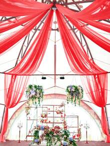 1pc Red Sheer Voile Curtain, Chiffon Ceiling Drape, Romantic Wedding Ceremony Decor, Multipurpose Sheer Curtain, Outdoor Wedding Decor, Bridal Shower Decor, Wedding Reception Decor, Birthday Party Decor, Wedding Arch Backdrop, Party Background Decor