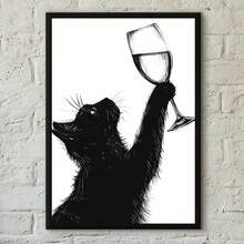 1 件有趣的黑白猫红酒海报印刷家居客厅卧室入口酒吧咖啡厅艺术画装饰可选框架 - 彩色 - 查看 31