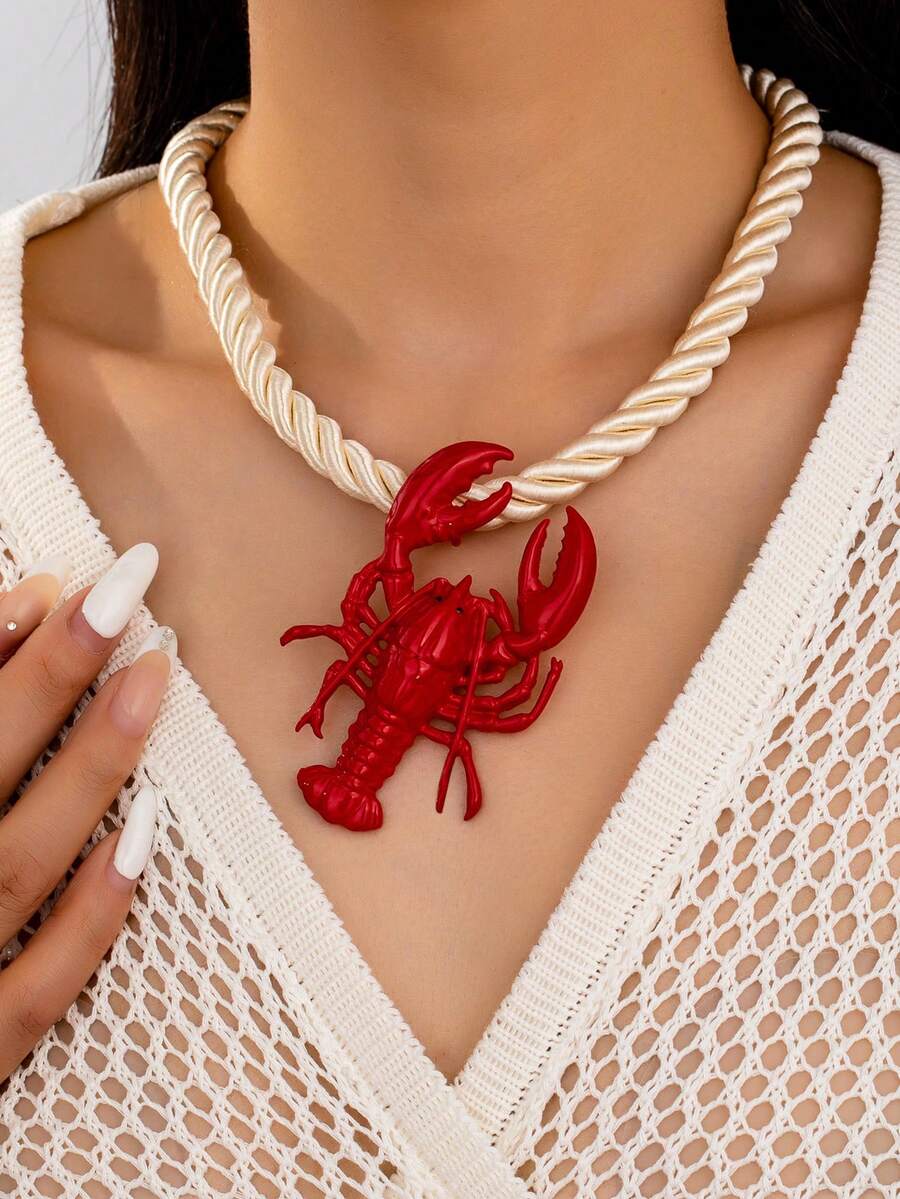 1pc Red Lobster Decor Chunky Rope Necklace, Women's Summer Beach Necklace, Suitable For Beach, Travel, Dates And Photography, Ocean Theme Lobster Pendant, Bohemian Style Daily Accessory - Multicolor - View 1