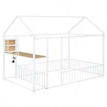 Cama de metal de tamaño completo con estructura de casa, con escritorio, estantes, tomas de corriente y puertos USB, color blanco-493 - Multicolor - Ver 4