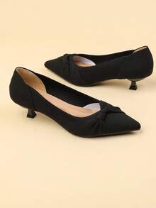 Women's Pointed Toe Basic Casual Slip-On Knitted Flats With Bow Decor, Petite/Plus Size French Style 1.57 Inch Kitten Heel, Suitable For Skirts, Cute Look - Black - View 3