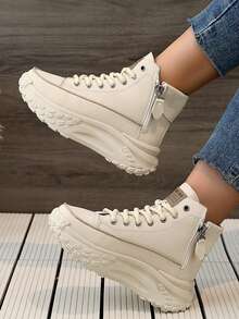 New Breathable Color-Blocking Dad Shoes 2025 Spring Sports Shoes High Top Thick Sole Height-Enhancing Outdoor Street Photography And Leisure - Màu Khaki - Xem 4
