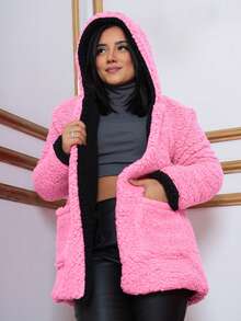Double Teddy Coat Max Lined Blazer Hood Pockets With Internal Lining Women's Winter Overcoat - 淺粉色 - 查看 3