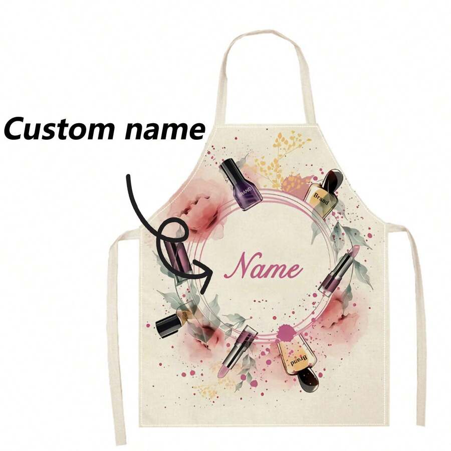 1pc Customizable Name Flower And Nail Polish Pattern Linen Apron - Breathable Kitchen Apron For Home Cooking, Baking And Grilling - Fashionable Decorative Kitchen Apparel, Cute Baking Accessory, Must-Have For High Quality Cooking Lovers,Home Textile,Christmas Home Atmosphere,Breathable, Soft - Beige - View 1
