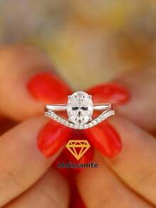 2Pcs/Set 2ct Oval Shape & Single Row Design Colorless Moissanite Diamond 2 In 1 Double Rings Set Ladies Engagement Ring S925 Sterling Silver Simple Romantic Couple Ring Eternity Ring Wedding Anniversary Ring Luxury Jewelry Gift