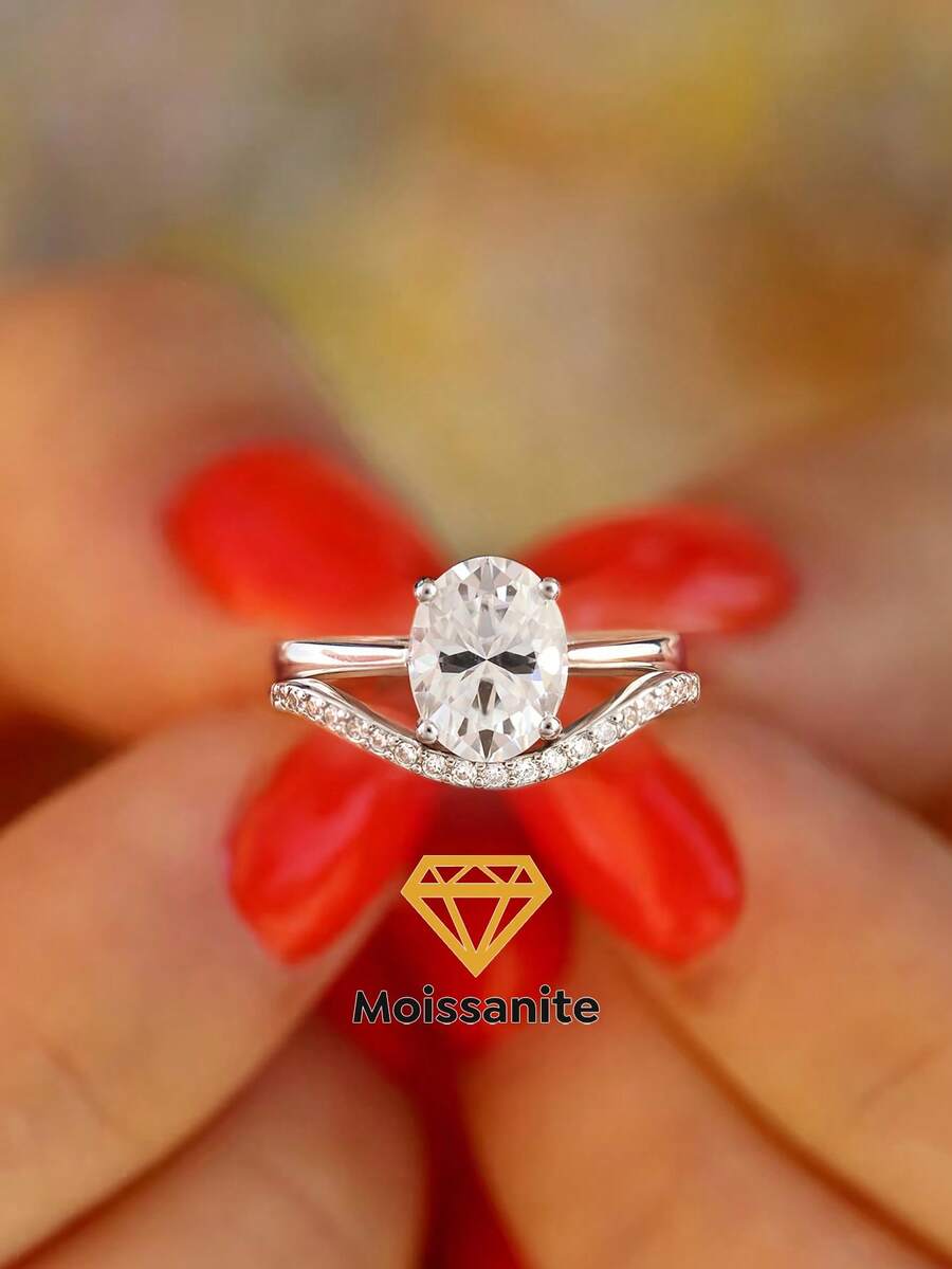 2Pcs/Set 2ct Oval Shape & Single Row Design Colorless Moissanite Diamond 2 In 1 Double Rings Set Ladies Engagement Ring S925 Sterling Silver Simple Romantic Couple Ring Eternity Ring Wedding Anniversary Ring Luxury Jewelry Gift