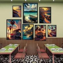 1 pieza Impresiones y carteles de arte de pared con opción de marco - Escenas naturales de viaje con vista al mar, pueblo costero, coches - Decoración de arte de lienzo para la sala de estar del hogar - Cuadros de pared - Regalos