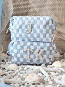 1pc Custom Initials Blue Checkered Cosmetic Bag | Last Toast On The Coast Bridesmaid Favors | Coastal Cowgirl | Bachelorette Beach Party