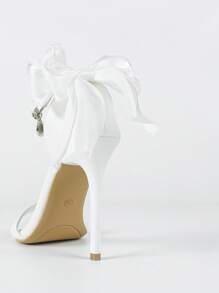 Women's White Glitter Bow Decor Strap Open Toe Super High Thin Heel Sandals, Elegant & Exquisite Leather Heels For Wedding, Party, Spring/Summer