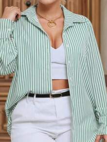 Steve Store Women's Fashion Striped Long Sleeve Button Down Shirt Elegant Fashion - 綠色 - 查看 2