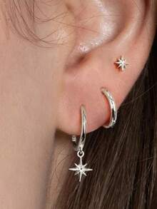 3pcs Delicate Earrings Set, 14K Gold Plated Star Earrings, Low Allergy Cartilage Stud Earrings, Everyday Layered Earrings, Suitable For Sensitive Ears (3pcs, Single Ear Wear) - Gold - View 4