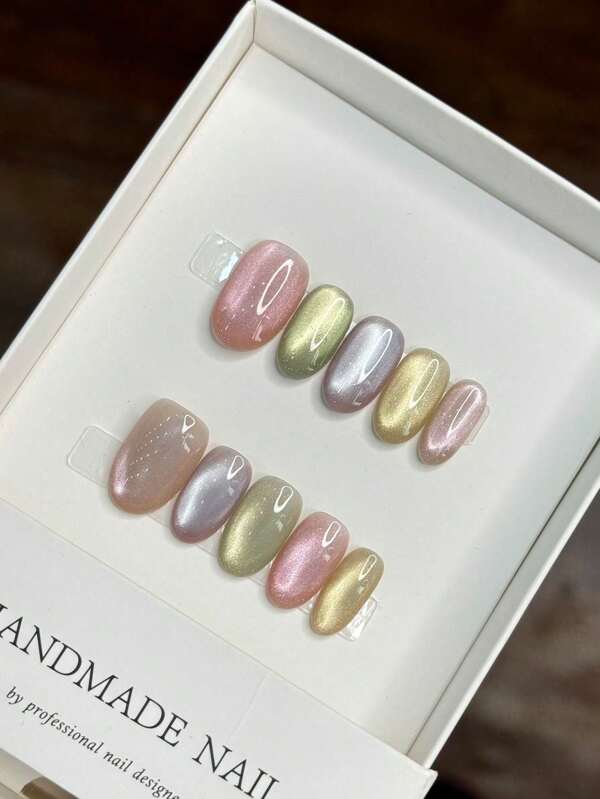 New Summer-Style Handcrafted Press-On Oval False Nails With A Design Of Rainbow Glass Beads And Cat-Eye Effect.