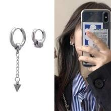 2 PIEZAS Pendientes de aro con punta colgante para hombre, de acero inoxidable, antialérgicos, no desteñibles, con diseño asimétrico de moda - Plateado - Ver 4