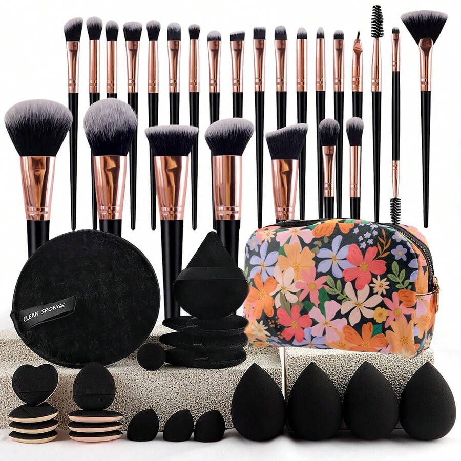 Travel Makeup Brush Set - Face Kit, Eye Sponges | 47 Piece Cosmetic Blender Collection With Powder Puff, Foundation Tool, Beauty Applicator For Girls Women Travel-Friendly Case Makeup Essentlals - Makeup Tool Set*47 Pieces Black Printed Toiletry Bag - View 1