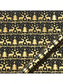 6 Stücke Weihnachtsgeschenkpapier mit Folie, Vintage Schwarz Gold Hirsch, Schneeflocke, Weihnachtsbaum Geschenkverpackung