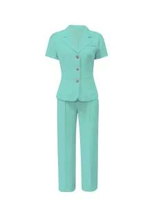 2 件套女士商务套装，短袖西装外套和裤子，适合工作