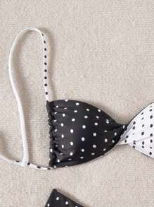 Set di bikini da donna con triangolo sexy apertura sul retro, in bianco e nero a pois, casual, adatto per spiaggia e vacanza
