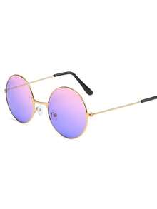 1 件圆形时尚眼镜，多色海洋/日落渐变，粉色、蓝色、紫色、红色、绿色、灰色、玫瑰粉色可爱圆形框架金属全框时尚眼镜 - 金色 - 查看 5