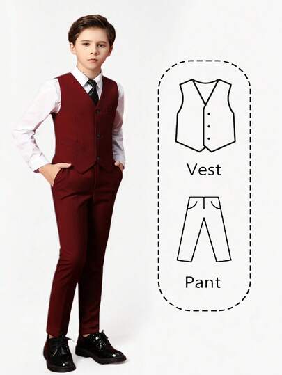 2 piezas Conjunto de esmoquin para niños, que incluye frac, vestido formal, atuendo de paje, chaleco y pantalones de boda, color borgoña, talla 6-14 años