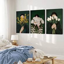 3pcs Optional Frame Canvas Print Decorative Painting,Emerald Green Floral Women Stripe Abstract Wall Arts Posters,Vintage Japandi Eclectic Art Style,Suitable For Living Room, Bedroom,Ideal Wall Art Home Decor Gifts
