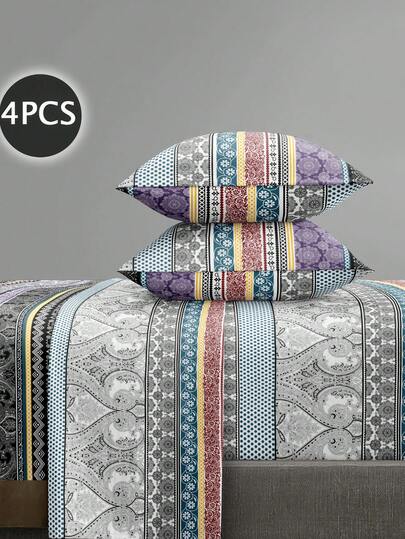 4 件套紫色波西米亚风曼陀罗花卉图案床单套件，易于护理超细纤维柔软床上用品套装花卉床笠套件（1 件床单+1 件床笠+2 个枕套）床笠套件特大号双人床尺寸床单深口袋最大可达 11.8 英寸枕套，柔软透气防皱，更适合睡眠，豪华酒店风格，送给妈妈爸爸朋友的礼物