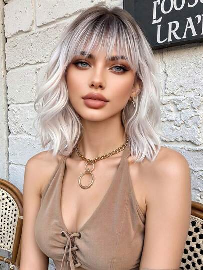 Ombre Blonde Short Wavy Cosplay Lolita Wigs With Bangs Light Platinum Bob Heat Resistant Synthetic Wigs For Women Daily Party Wig