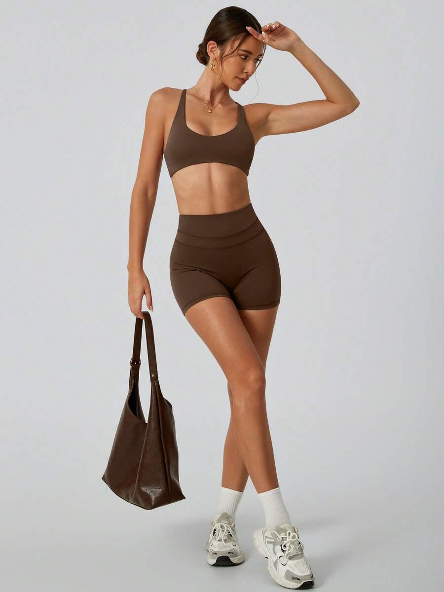 NcmRyu 1 Set Women's Fashion Elastic Sports Bra And Shaping Leggings Fitness Workout Suit Summer - Màu nâu Sô-cô-la - Xem 1