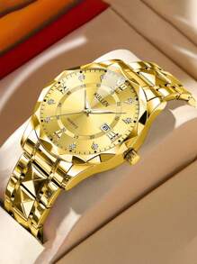 Reloj de cuarzo de marca de lujo para hombre, de acero inoxidable dorado, con fecha, visualización del día de la semana, acentos de diamantes y esfera luminosa
