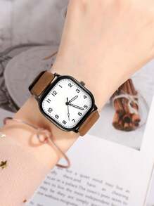 1 pieza Reloj de pulsera de cuarzo clásico y de moda para hombre con correa y esfera cuadrada, diseño minimalista casual, sin caja
