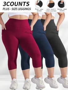3 Packs Women's High-Waist Workout Capris With Pockets – Plus Size Yoga Running Leggings - Multicolor - View 2