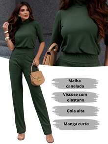 Maria do Luxo Ribbed Knit Set With Elastane, Palazzo Pants With Pockets. Women's Fashion For All Occasions. - 軍綠色 - 查看 5