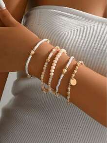 5 件套时尚多层米粒珍珠项链手链吊坠首饰套装 - 均碼 - 查看 6