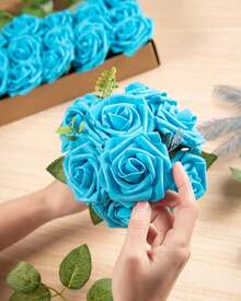 25Pcs Artificial Roses Flowers Fake Roses With Stems Real Touch Foam Flowers For DIY Wedding Bouquet Baby Shower Centerpiece Floral Arrangement Party Home Decor(Dark Red) - Middle Blue - View 5