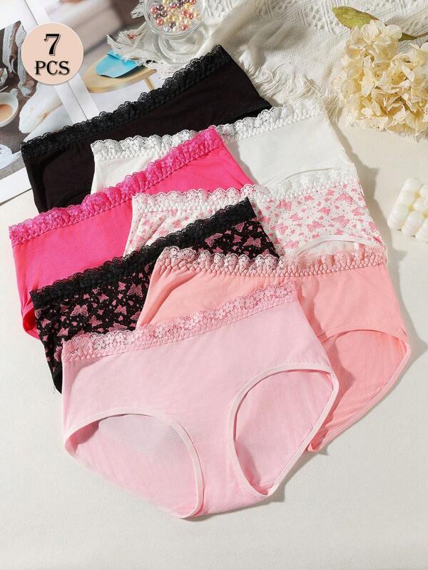 7pcs Women Lace Printed Solid Color Briefs, Comfortable Triangle Panties, Simple Solid Color Underwear For Ladies