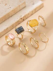 Ensemble de 7 bagues vintage élégantes incrustées de pierres géométriques, bagues à la mode dorées pour femmes, idéales pour un usage quotidien ou une fête, ensemble de bijoux cadeaux