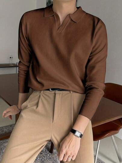 Camiseta masculina de malha com gola polo de cor sólida, top casual minimalista estilo europeu, outono/inverno