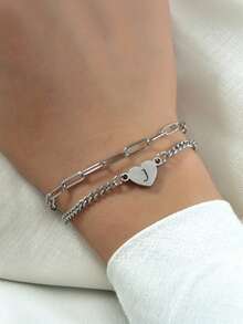 1 件朋克风格 26 字母不锈钢串珠女士/情侣手链，适合女性和情侣休闲日常佩戴 - 銀色 - 查看 12