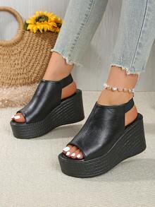 Women's Summer Platform Sandals, Casual Open Toe Elastic Strap Slide Sandals, Comfortable Beach Slippers - Black - View 6