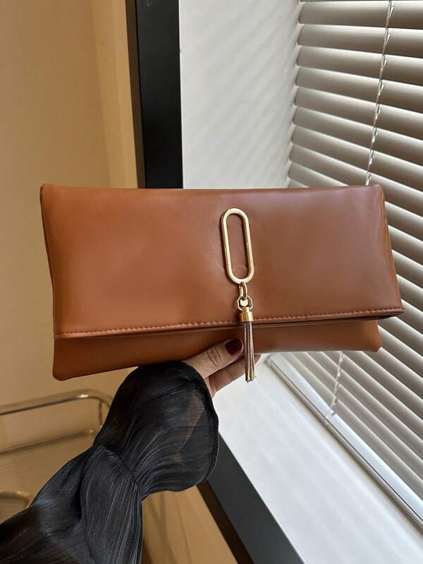Bolsa de Mão Feminina Elegante de Estilo Francês, Cor Sólida Vintage Minimalista, com Fivela Oval de Metal e Decoração com Borla, Adequada para Eventos, Festas e Outras Ocasiões
