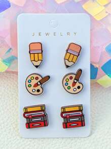 3 Pairs Cute Stationery/School-Themed Wooden Stud Earrings, Great Gift For Back To School, Graduation, Or Teacher's Day