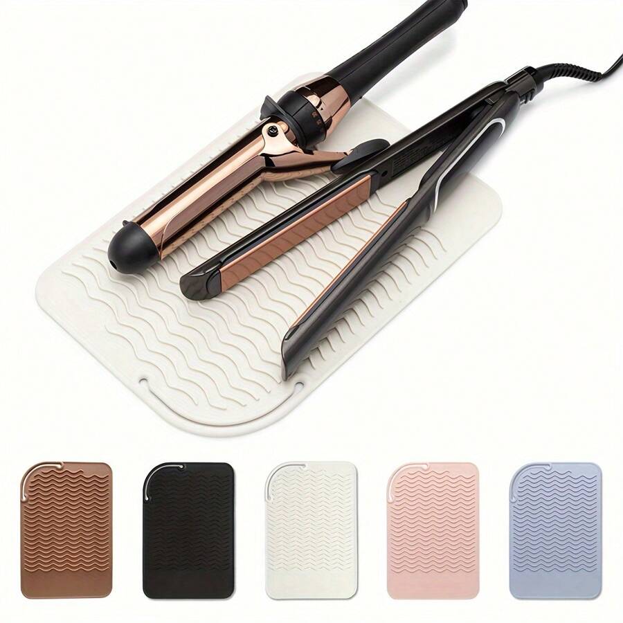 Tapete de Silicone Resistente ao Calor para Chapinhas e Ferros de Enrolar - Design de Onda Antiderrapante, 4 Cores (Bege/Preto/Branco/Azul Claro), Proteção de Ferramenta de Calor e Organizador de Suporte Durável