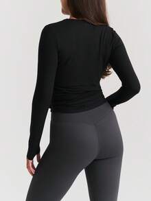 Women Y2K Pilates Wrap Top Long Sleeve Deep V Neck Tie Front Workout Ballet Pilates Yoga Shirt Casual Slim Fit Sports Active Tops - 黑色 - 查看 4