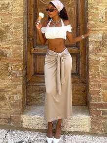 Women's Solid Color Casual Elegant Knotted Waist Tie Satin Skirt, Suitable For Party And Evening Date