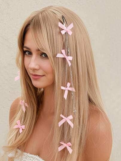 2pcs Women's Elegant Fashion White, Pink, Black Bow Hairpins, Sweet Ballet Style Bowknot Tassel Hair Clips, Y2K Aesthetic Accessories Suitable For Daily, Festival, Ramadan, Party Decoration